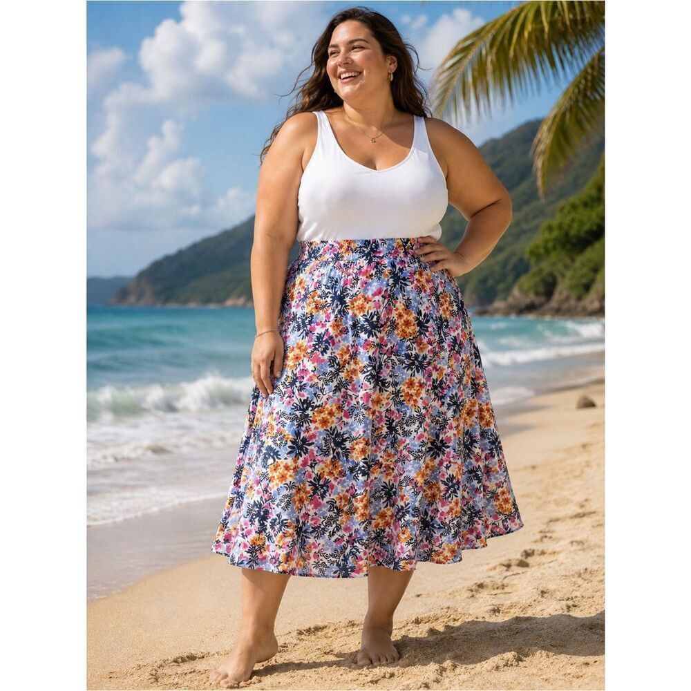 Woman Within Blue Pink Orange Hibiscus Tropical Linen Rayon Midi Skirt 22/24 3X